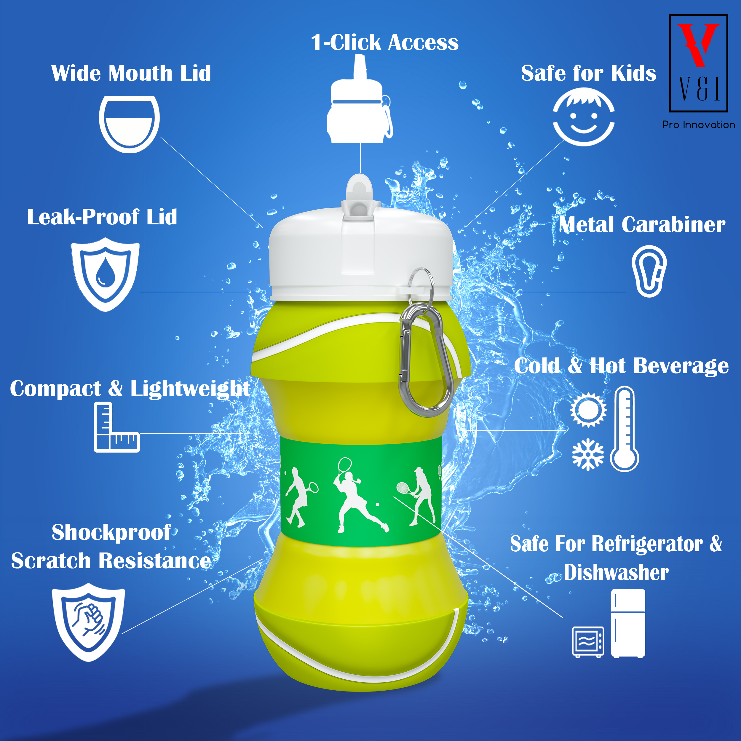 V V&I PRO INNOVATION Kids Sports Water Bottle Collapsible Ball Shaped  Drinking Cup Leak Proof School Lunch Mug Shockproof Squeezable Basketball